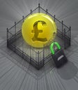 Pound coin in padlock locked fence concept Royalty Free Stock Photo