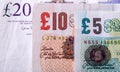 Pound currency, money, banknote. English currency. UK banknotes of different values stacked on each other