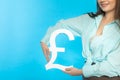 The girl holds a large pound symbol in her hands. Great Britain currency shape. Symbol of finance and cash flow in the Royalty Free Stock Photo