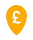 Pound currency symbol in pin point for icon, pound money icon orange, pound money symbol in pointer pin, pound currency coin for