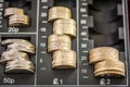 Pound sterling coins in cash register Royalty Free Stock Photo