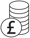 Pound Sterling currency icon or logo over a pile of coins stack.