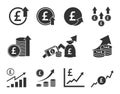 pound sterling currency increase icon set, GBP money rate growth