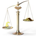 Pound sterling symbol weighs more than gold bars on balance scales. 3d rendering