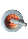 Pounding curry paste with a granite mortar Used to break down food to make it resolution. By using a pound with a pestle made of s Royalty Free Stock Photo