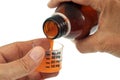 Pour antitussive syrup into a measuring cap