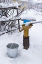 Pour clean drinking water into a bucket using a water pump, on a frosty winter evening, against a blurred background of the garden Royalty Free Stock Photo