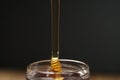 Pour honey into glass jar closeup