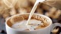 pour milk into a cup of coffee. Selective focus. Royalty Free Stock Photo