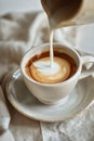 pour milk into a cup of coffee. Selective focus. Royalty Free Stock Photo