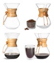 Pour-over glass coffeemaker with filter isolated on white, collage Royalty Free Stock Photo