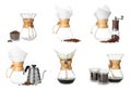 Pour-over glass coffeemaker with filter isolated on white, collage Royalty Free Stock Photo