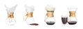 Pour-over glass coffeemaker with filter isolated on white, collage Royalty Free Stock Photo