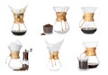 Pour-over glass coffeemaker with filter isolated on white, collage Royalty Free Stock Photo