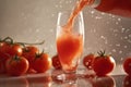 Poured tomato sparkling juice, tomatoes, product shot, studio front shot, soft colors Royalty Free Stock Photo