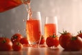 Poured tomato sparkling juice, tomatoes, product shot, studio front shot, soft colors Royalty Free Stock Photo