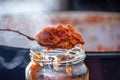 Pouring ajvar into the jar with spoon Royalty Free Stock Photo