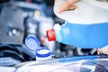 Pouring antifreeze. Filling a windshield washer tank with an antifreeze in winter cold weather. Royalty Free Stock Photo