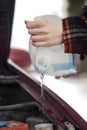 Pouring Antifreeze Washer Fluid into Windshield Washer Tank Royalty Free Stock Photo