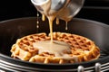 pouring batter into a preheated waffle iron Royalty Free Stock Photo