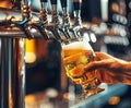 Pouring beer into a glass in a pab. AI generative Royalty Free Stock Photo