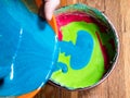 Pouring of blue dyed dough in springform pan