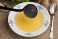 Pouring bone broth into a soup plate