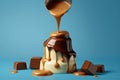 Pouring caramel sauce over a stack of chocolate chunks Pieces, blue background Royalty Free Stock Photo