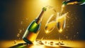 Pouring champagne from bottle in to glasses with splash on golden background