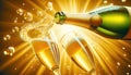 Pouring champagne from bottle in to glasses with splash on golden background