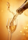 Pouring champagne from bottle in to glasses with splash on golden background