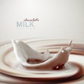 Pouring chocolate milk crown splash on swirling whirlpool creamy background. Royalty Free Stock Photo