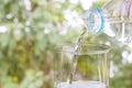 Pouring of clear drink water from bottle into the glass on blurred green nature background with copy space for text Royalty Free Stock Photo