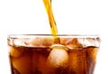 Pouring cola drink to glass with ice, on white background Royalty Free Stock Photo