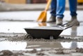 pouring concrete with worker mix cement at construction Royalty Free Stock Photo