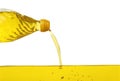 Pouring cooking oil from bottle on background