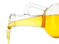 Pouring cooking oil from pitcher on white