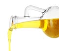 Pouring cooking oil from pitcher on white