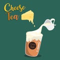 Pouring cream cheese to a plastic glass of iced tea with layer of cream cheese foam, Trendy food and drink.