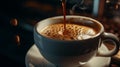 pouring delicious coffee in cup of espresso from machine