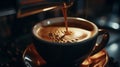 pouring delicious espresso in cup of espresso from machine. with coffee beans