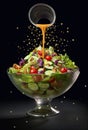 pouring dressing on a salad in a glass bowl Royalty Free Stock Photo
