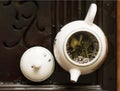 Pouring of Exquisite Green Tea from Teapot at Traditional Chinese Tea Ceremony. Set of Equipment for Drinking Tea