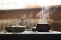 Pouring of Exquisite Hot Tea in Teapot at Traditional Chinese Tea Ceremony. Set of Equipment