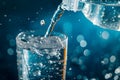 Pouring Fresh Drinking Water into Glass on Blue Background Royalty Free Stock Photo