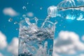 Pouring Fresh Drinking Water into Glass on Blue Background Royalty Free Stock Photo