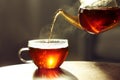 Pouring fresh hot tea from teapot into cup against blurred background Royalty Free Stock Photo