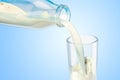 Pouring fresh milk into a glass against blue background, 3d rend Royalty Free Stock Photo