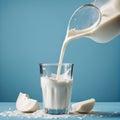 Pouring Fresh Milk Into a Glass Against a Blue Background With Splashes and Spilled Drops Royalty Free Stock Photo