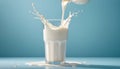 Pouring fresh milk into a glass with splashes on a blue background Royalty Free Stock Photo